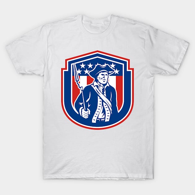 American Patriot Holding Bayonet Rifle Shield Retro T-Shirt by patrimonio